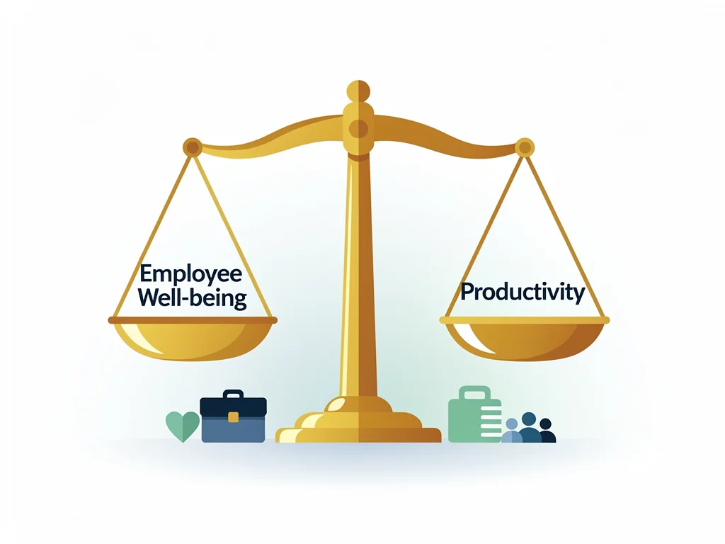 Graphic of a balance scale showing employee well-being and productivity, highlighting retention.