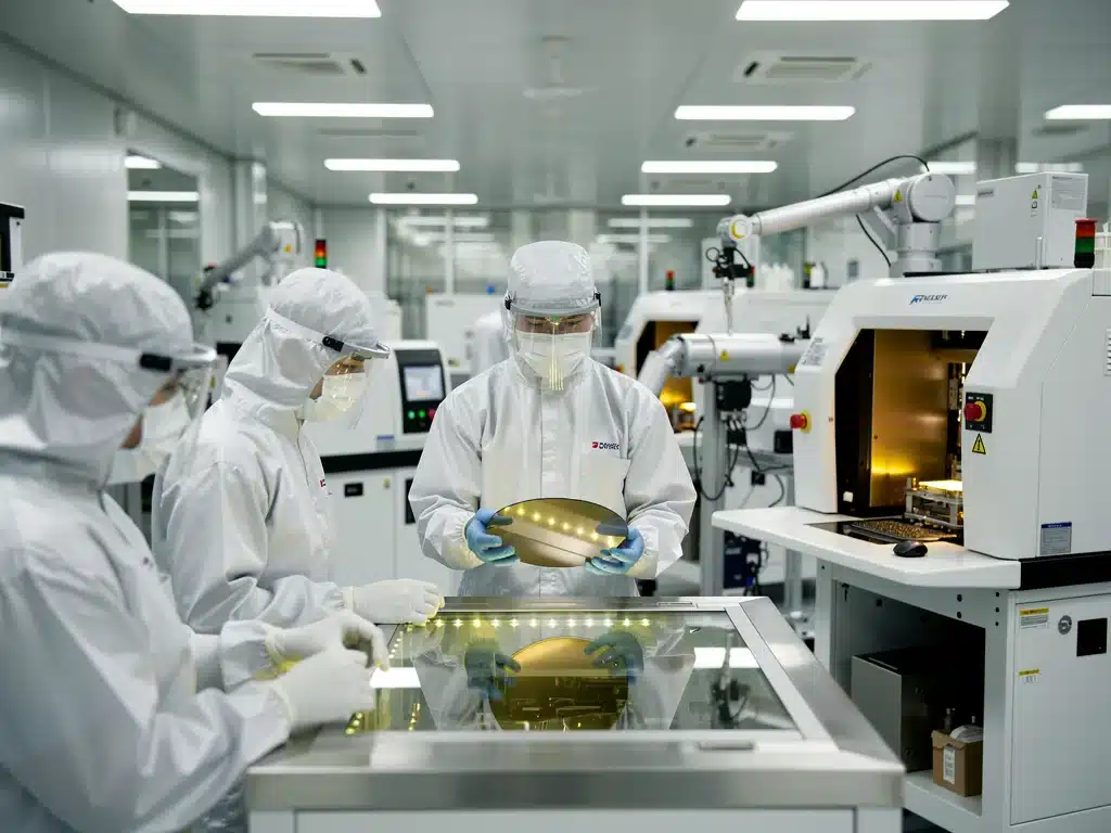 Engineers inspecting silicon wafers in a cleanroom, symbolizing advanced manufacturing