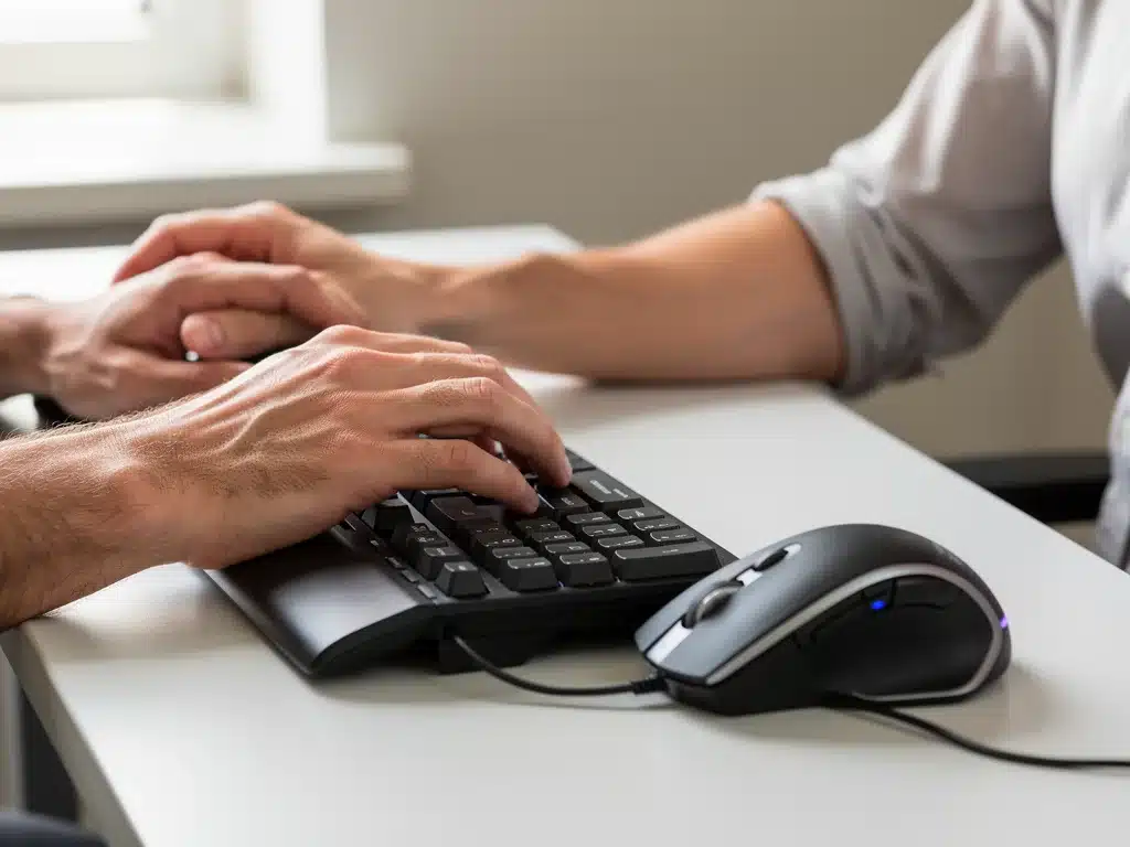 Hands on ergonomic keyboard and mouse with correct wrist posture