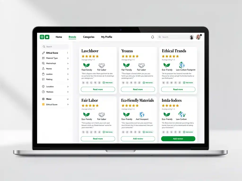 Digital platform showcasing ethical brand reviews and sustainability ratings.