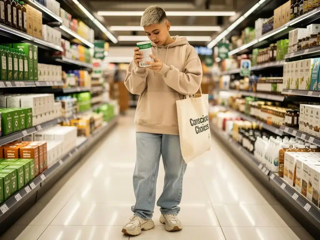 Gen Z consumer making ethical purchase choices in a store