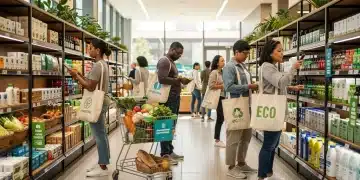 Ethical Consumption 2026: 25% US Shoppers Prioritize Sustainable Brands Shoppers choosing sustainable products in a modern, eco-friendly supermarket in 2026.