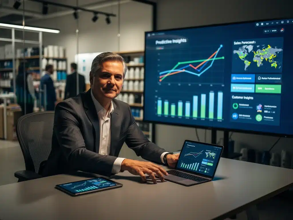 Retail executive making data-driven decisions from a predictive analytics dashboard.