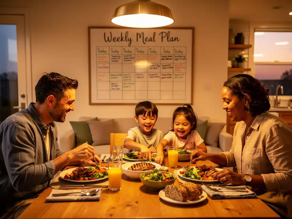 Family happily eating a home-cooked meal at the dining table.
