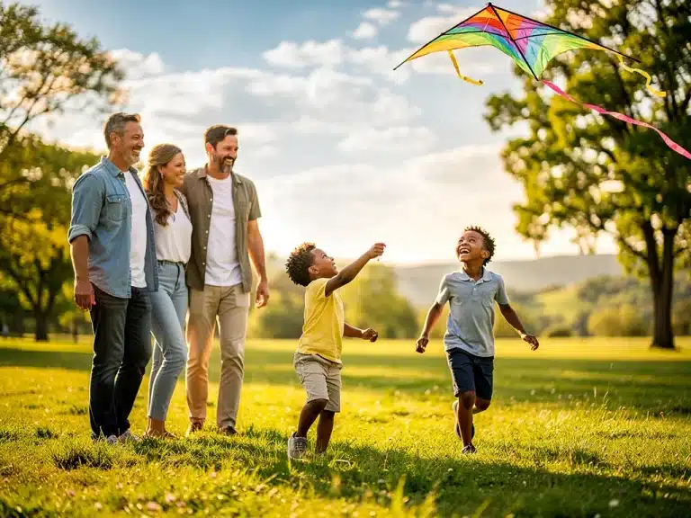 Family enjoying outdoor activity, reducing screen time