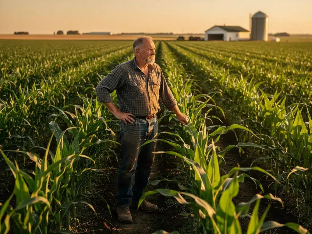 Farmer in a cornfield, contemplating the effects of agricultural policies on their livelihood.