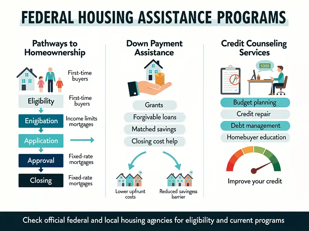 Infographic detailing various federal housing assistance programs and pathways.