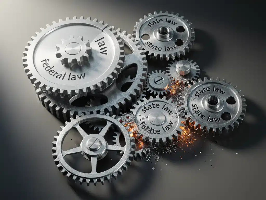 Interlocking gears representing the complex relationship between federal and state election laws.