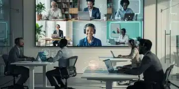 Future of Remote Work: US Company Models & Social Impact 2026 Professionals collaborating across remote and in-office settings in a futuristic workplace.