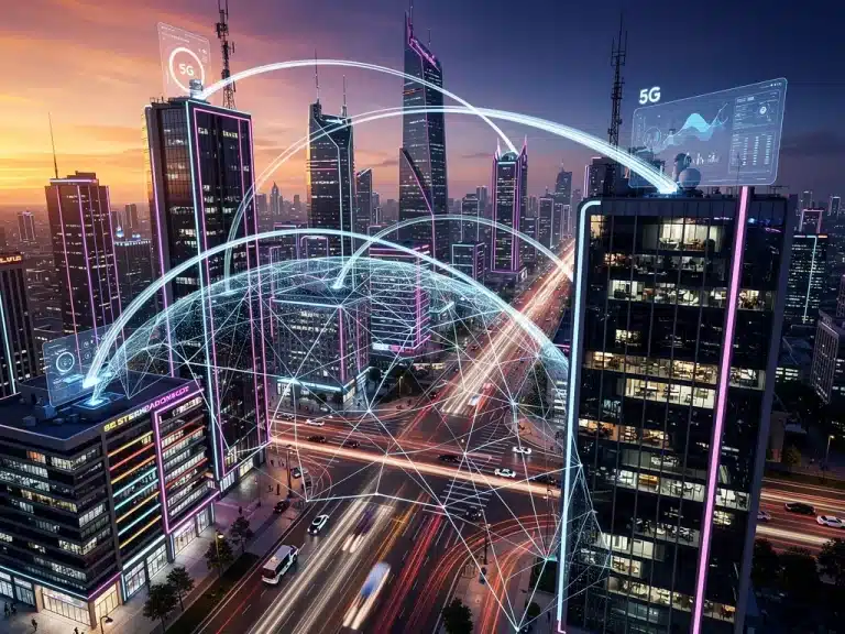 Futuristic city connected by 5G networks, symbolizing business growth