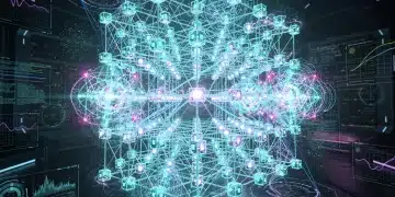 Futuristic quantum computing system with glowing qubits and data streams