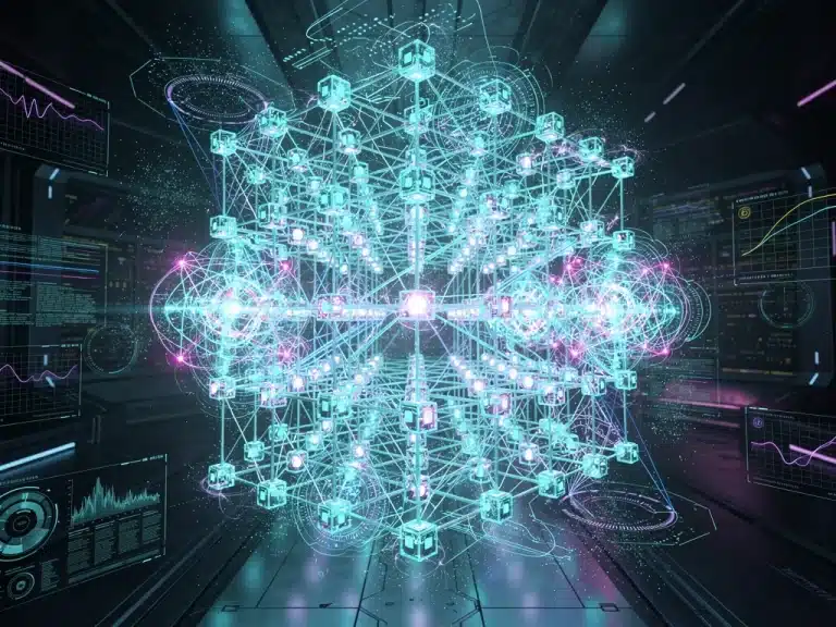 Futuristic quantum computing system with glowing qubits and data streams