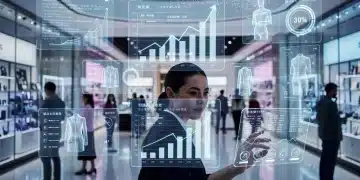Futuristic retail store with data overlays showing predictive analytics boosting sales.