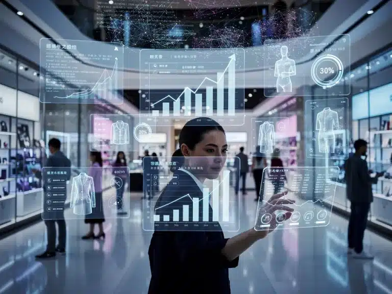 Futuristic retail store with data overlays showing predictive analytics boosting sales.