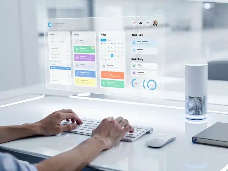 Futuristic desk setup with holographic schedule and productivity tools, symbolizing advanced time management techniques for 2026.
