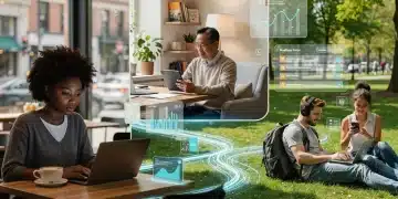 Diverse gig workers collaborating remotely with advanced digital tools, symbolizing the flexible and tech-driven future of work.
