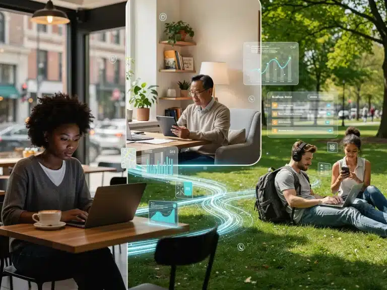 Diverse gig workers collaborating remotely with advanced digital tools, symbolizing the flexible and tech-driven future of work.