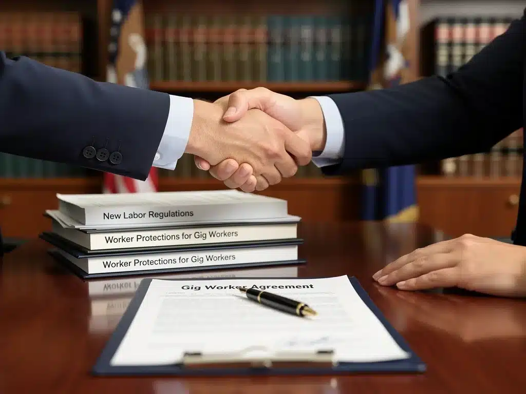 Legislative documents and a handshake representing new worker protections and regulatory frameworks for gig economy participants.