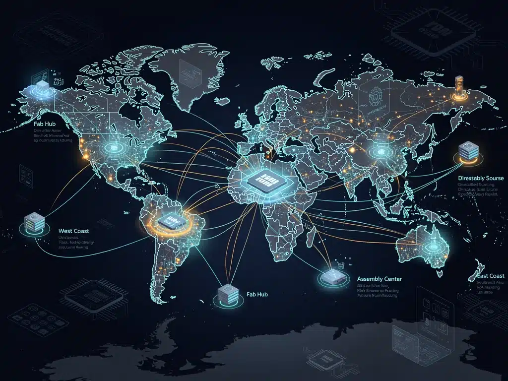 Global semiconductor supply chain network with US hubs, depicting resilience efforts