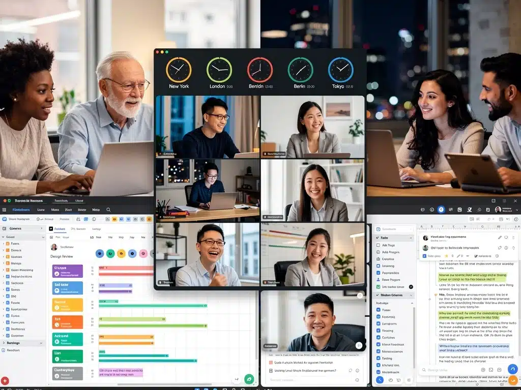 Global team collaborating virtually, using advanced tools for efficient task delegation and project management.