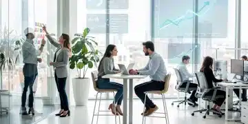 Professionals adapting to new work priorities in a collaborative office setting, reflecting the Great Resignation's evolution.