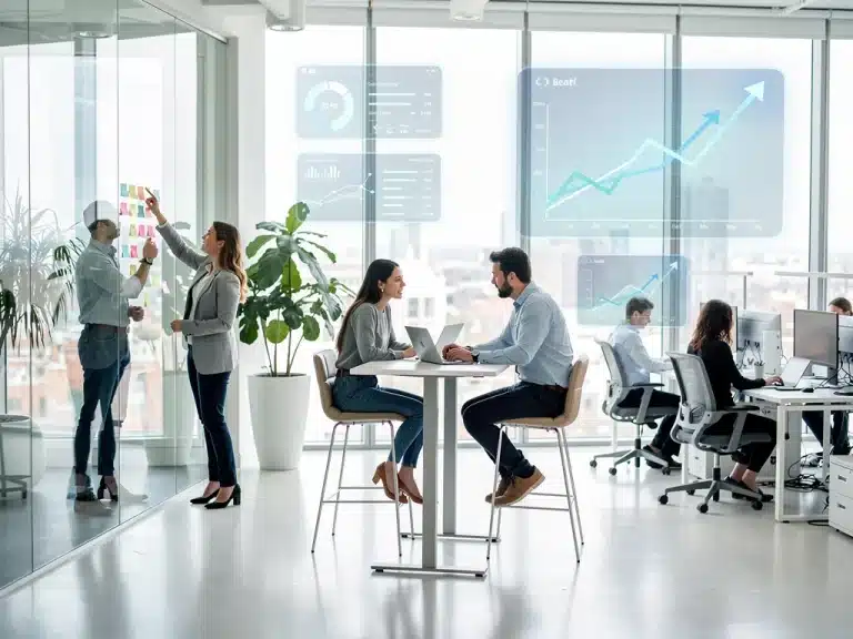 Professionals adapting to new work priorities in a collaborative office setting, reflecting the Great Resignation's evolution.