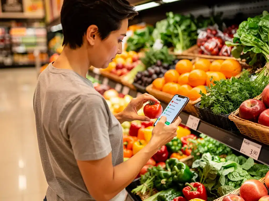 Person shopping for groceries with a meal plan on their phone.