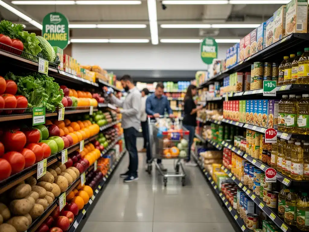 Grocery store aisle with fresh produce, representing food prices and consumer choices.