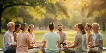Diverse group of people meditating outdoors, smiling peacefully
