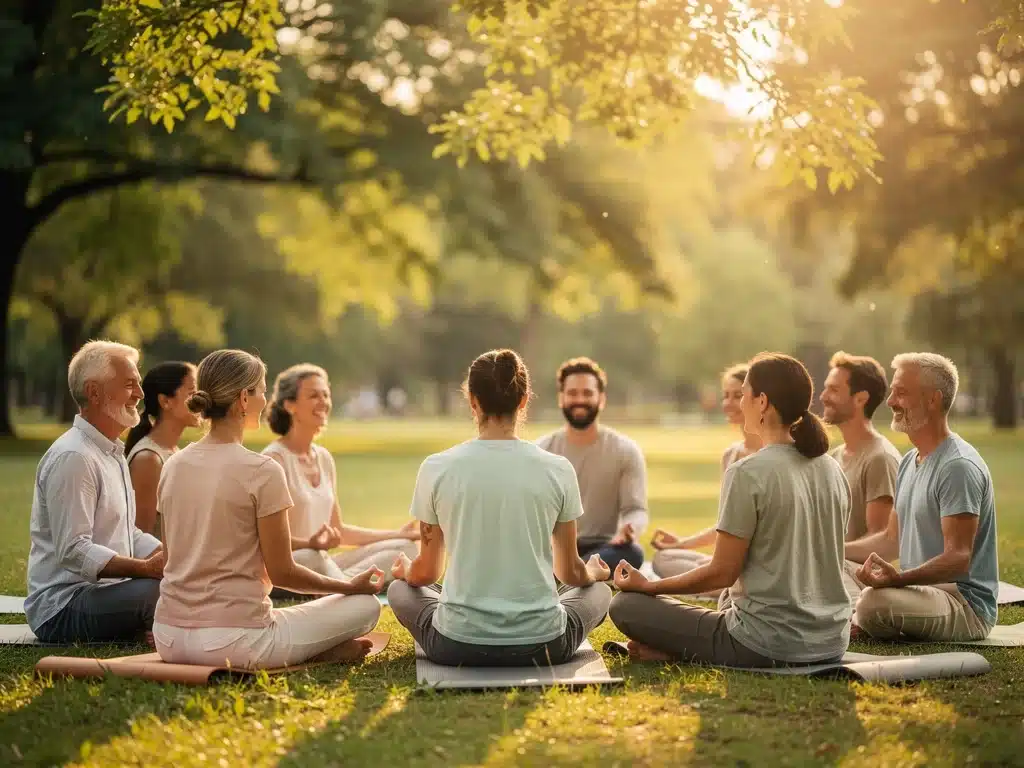 Diverse group of people meditating outdoors, smiling peacefully