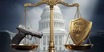 Scales of justice with firearm and public safety shield, US Capitol backdrop, representing federal gun control debate.