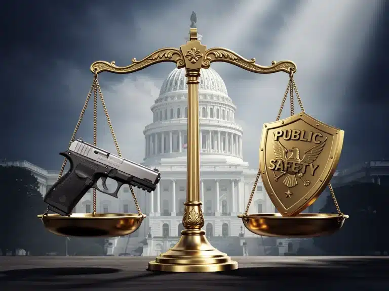 Scales of justice with firearm and public safety shield, US Capitol backdrop, representing federal gun control debate.