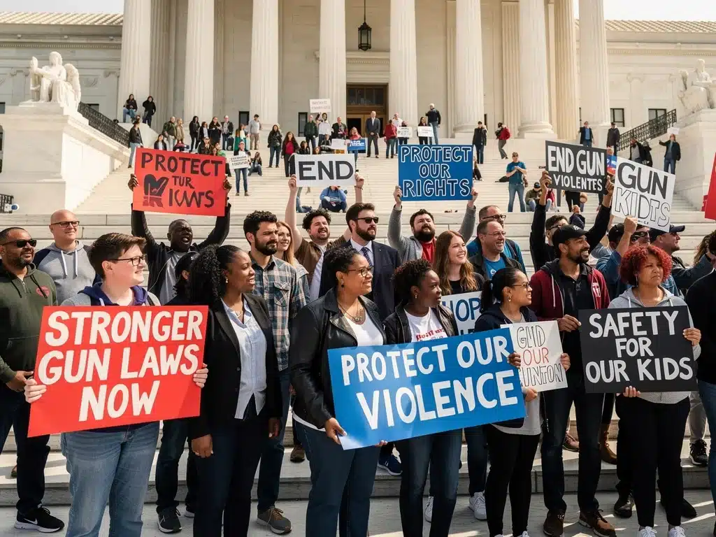 Citizens protesting diverse viewpoints on gun control outside government building.
