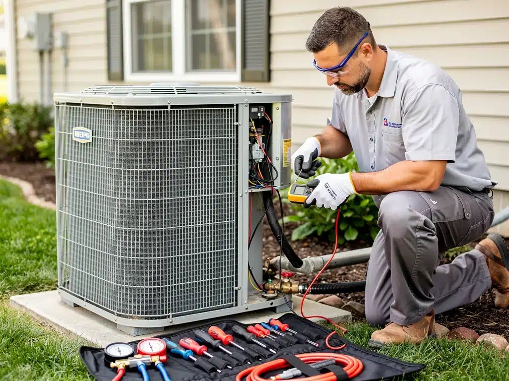 HVAC technician inspecting outdoor air conditioning unit