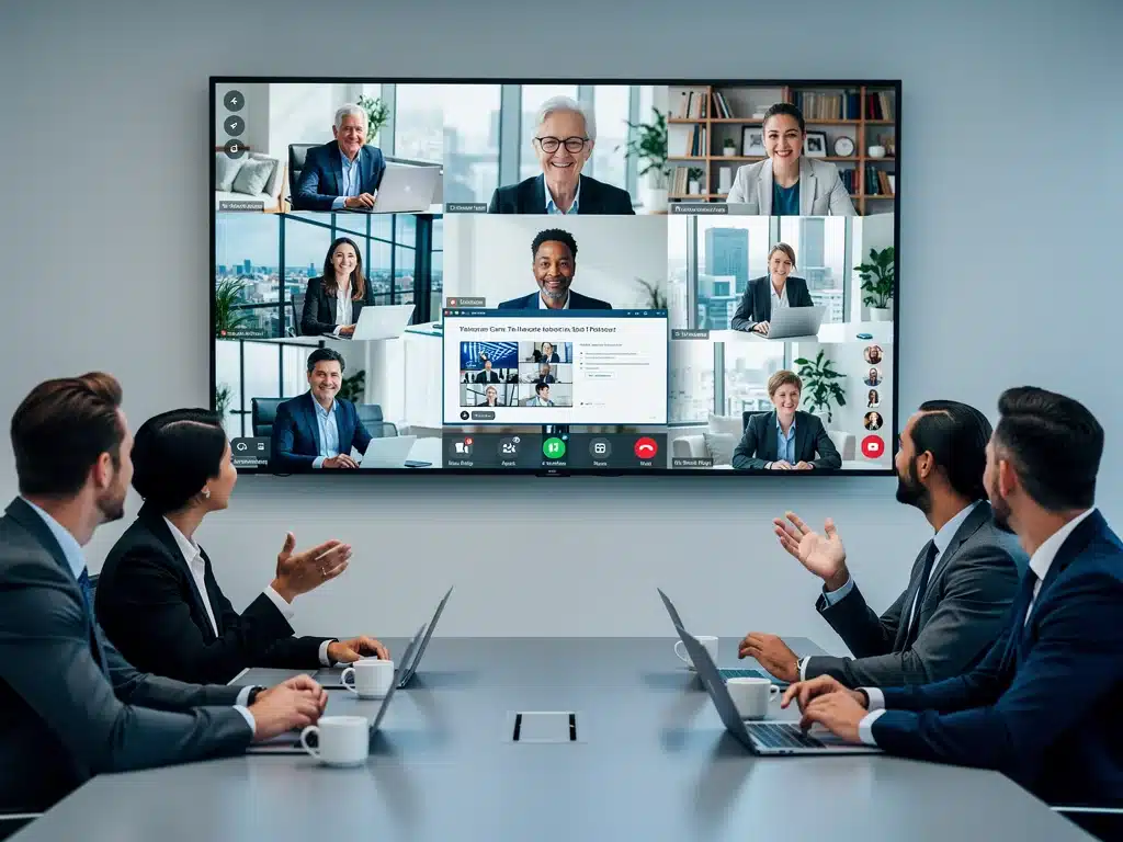 Diverse team collaborating in a hybrid work environment virtually