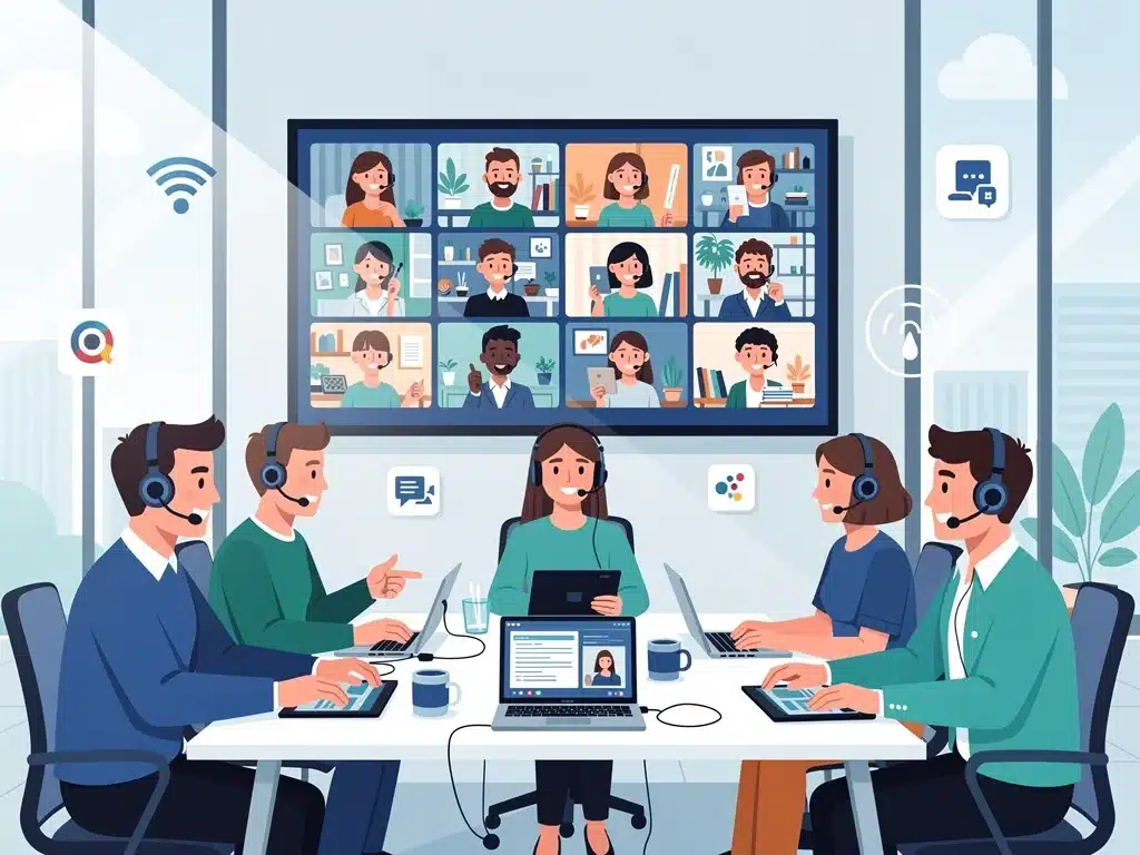 Hybrid work model showcasing seamless collaboration between in-office and remote employees.