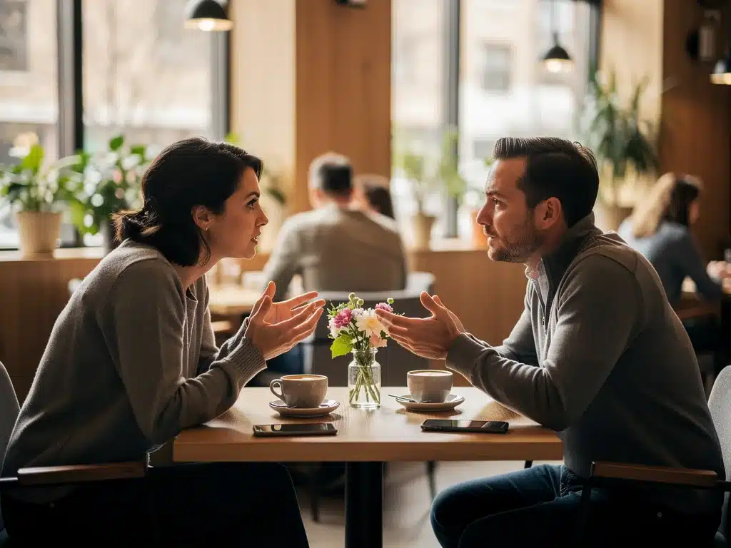 Two people engaged in respectful in-person conversation