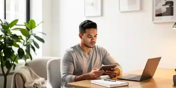 Professional navigating integrated work and personal life on a tablet