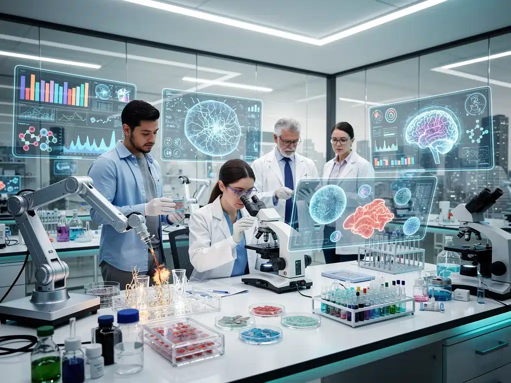 Scientists and engineers collaborating in a modern lab on bio-integrated technology projects.