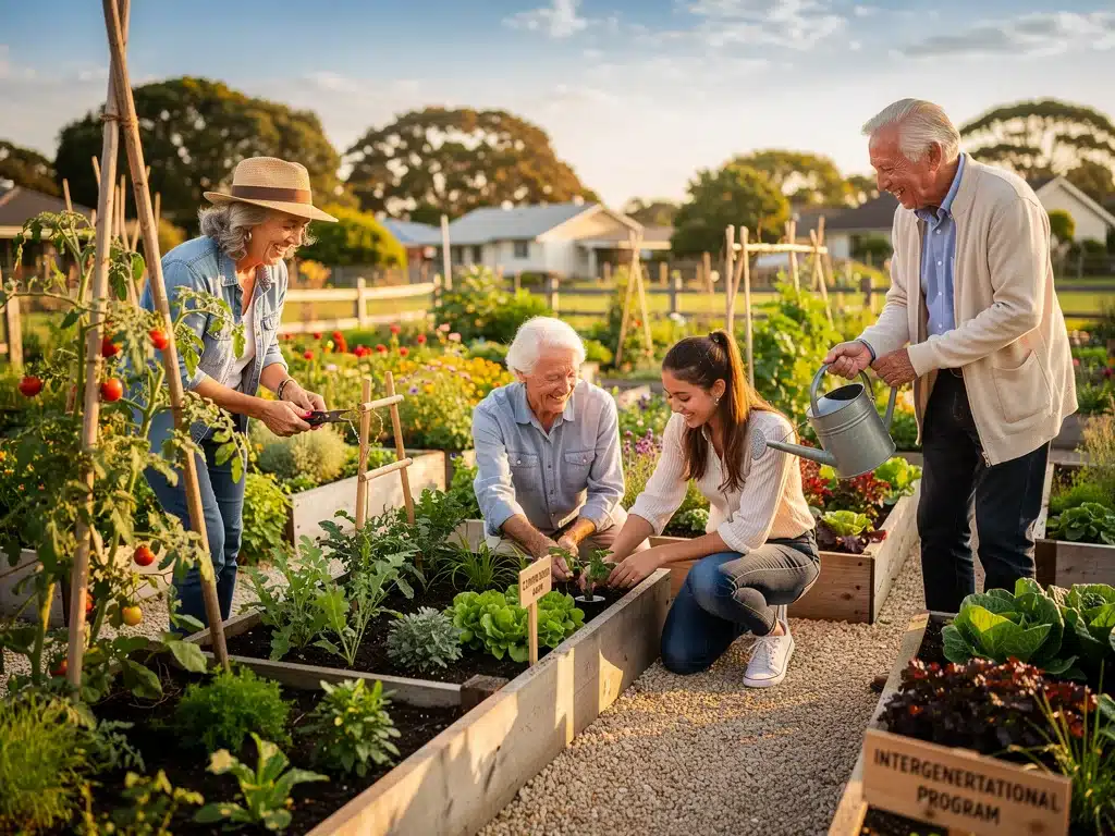 Intergenerational group gardening, active aging
