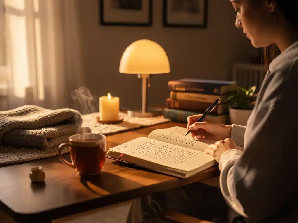 Person journaling in a cozy setting, engaging in reflective self-care and stress management.