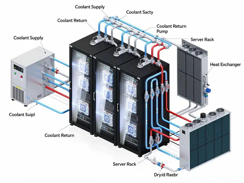 Diagram of advanced liquid cooling for data center server racks