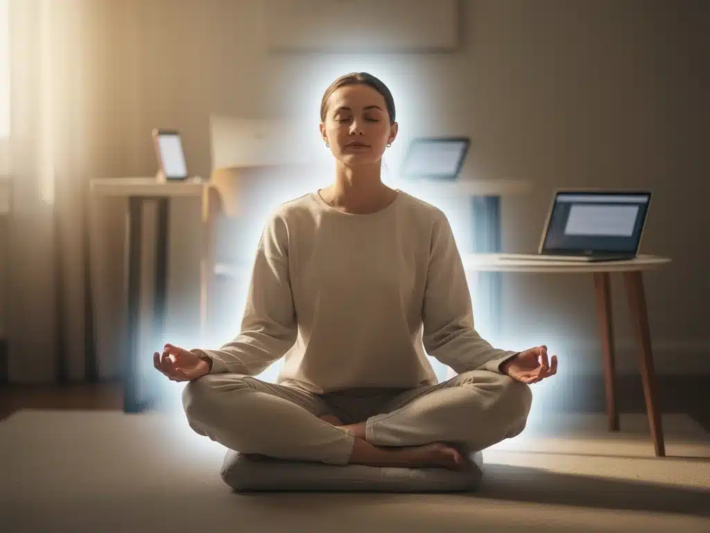Meditating person achieving mental clarity and peace after reducing screen time.