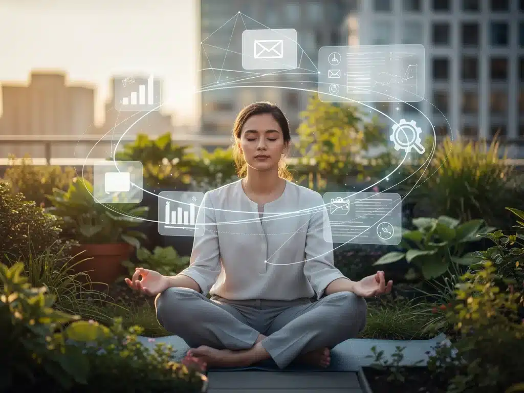 Individual practicing mindfulness for mental wellness in a digital age