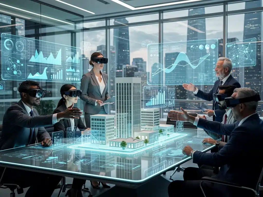 Business professionals collaborating in a virtual metaverse meeting room with 3D data.