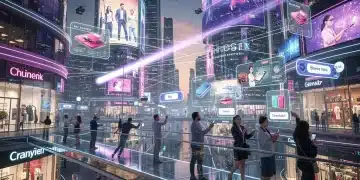 Metaverse Commercial Evolution 2026: U.S. Business Outlook Futuristic cityscape with holographic interfaces and people engaging in metaverse commerce.