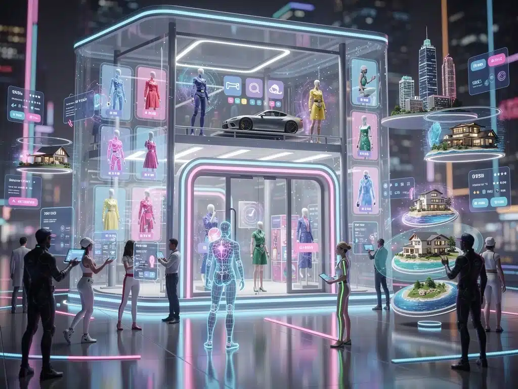Digital storefront in the metaverse showcasing virtual products and avatar interactions.
