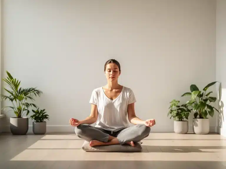 Person meditating peacefully in a bright, minimalist room, embodying mindful living.