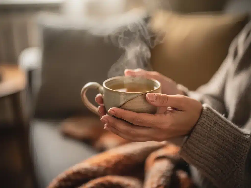 Hands holding a warm cup of tea, representing a mindful pause.