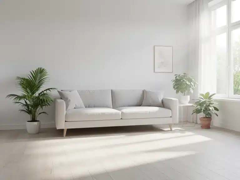 Minimalist living room with natural light and organized space.